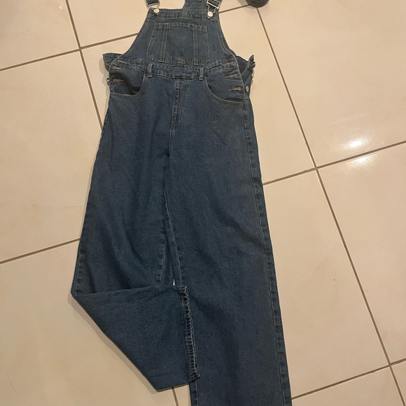 None Denim - Blue Denim Overalls Wide Leg Medium
